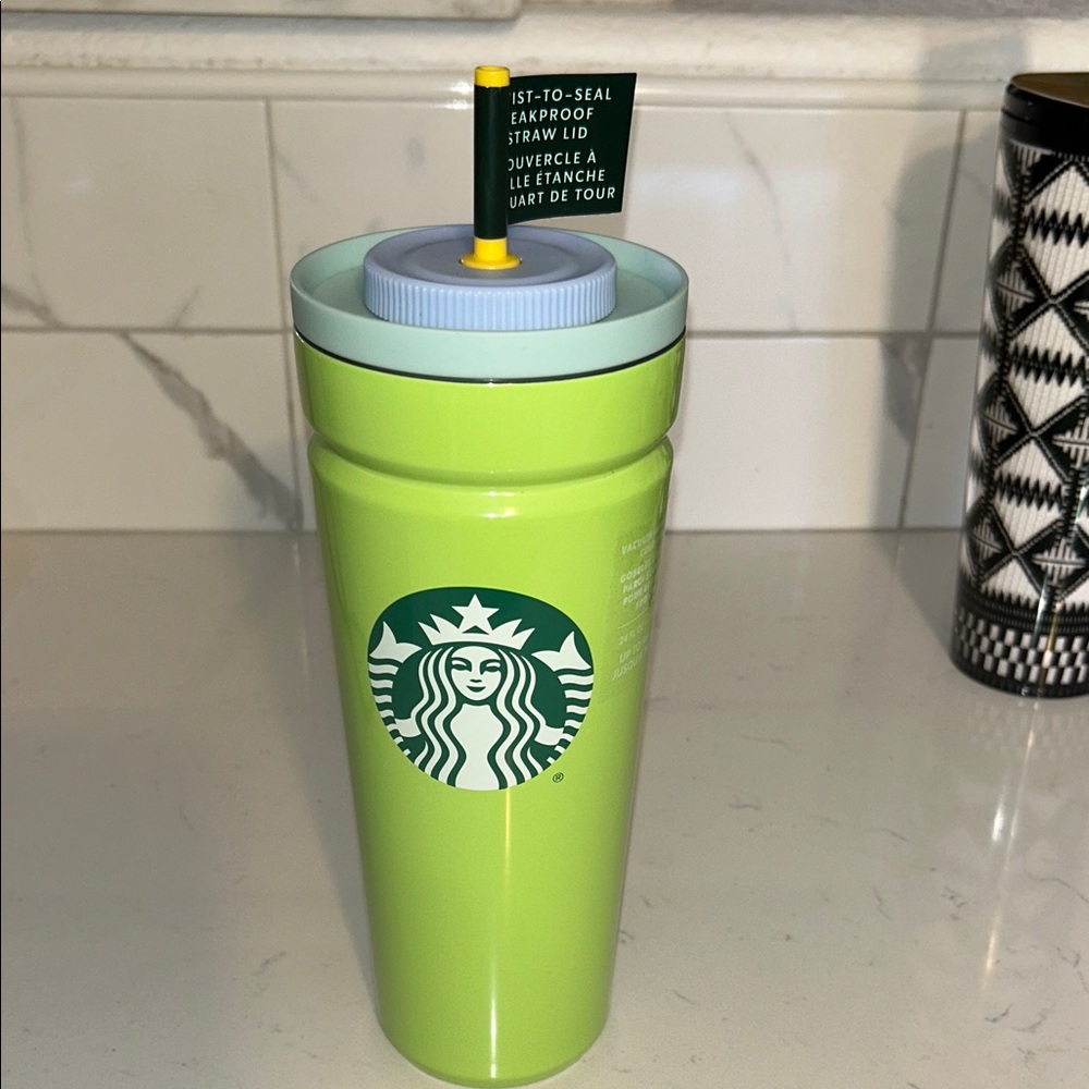 Starbucks Lime Green stainless Tumbler with Yellow Straw